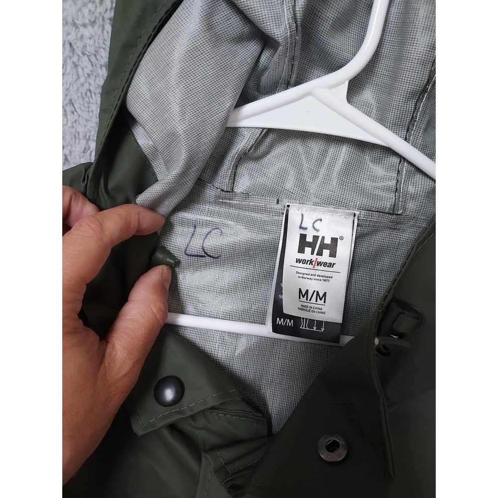 Helly Hansen Jacket Mens Medium Work Wear Rain Hooded Waterproof PVC Green Coat - Picture 6 of 13
